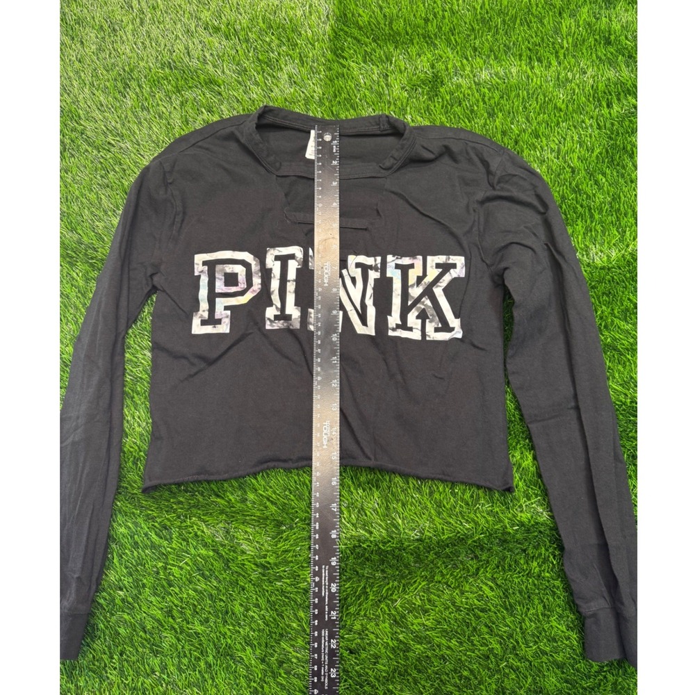 PINK Victoria's Secret Crop Top XS Black Womens Long Sleeve Cutout Tee Excellent - Picture 3 of 7
